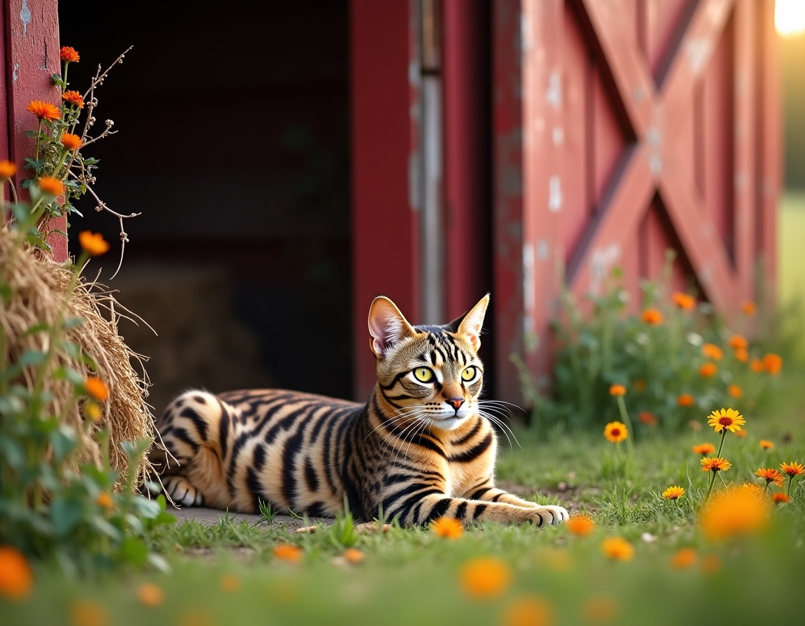 Cat rests peacefully near a barn, enjoying the tranquility of the countryside.